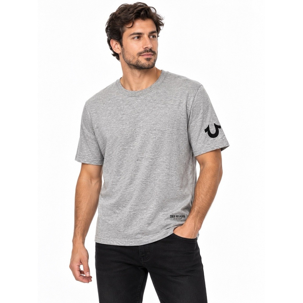 True Religion Men's Large Gray T-Shirt Black Horseshoe Logo Sleeve Streetwear